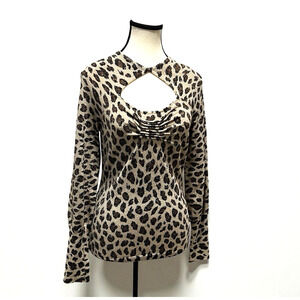 Cache Animal Print Long Sleeve Gathered Keyhole Neckline M Brown Gold Metallic